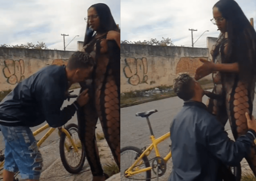 Young man gives a blowjob to the shemale whore on the street